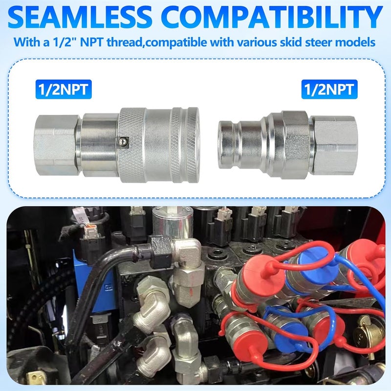 Cplbrb 1/2’’ NPT Flat Face Hydraulic Quick Connect Couplers/Couplings with Dust Caps, The Universal Bobcat Flat Face Quick Connect Fittings with with 1/2’’ Body ISO 16028 Standard-4Set - Image 5